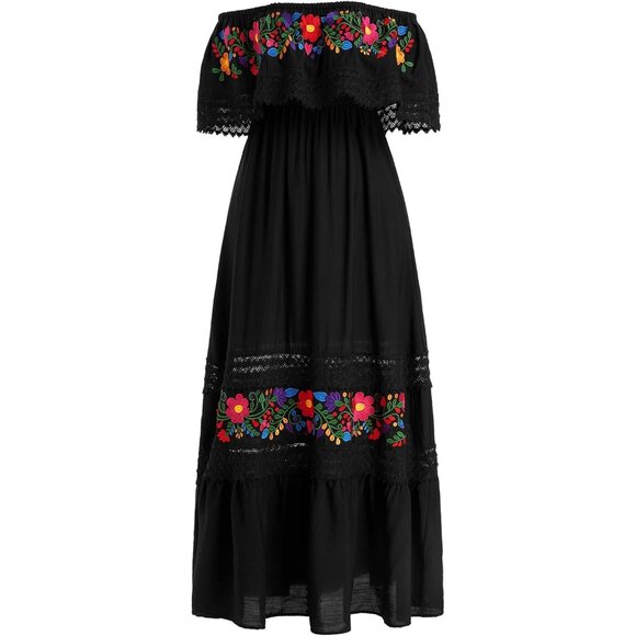 Mexican Dress Women Off Shoulder Embroidered Maxi Casual Latin Summer -  fisiolab.co.mz